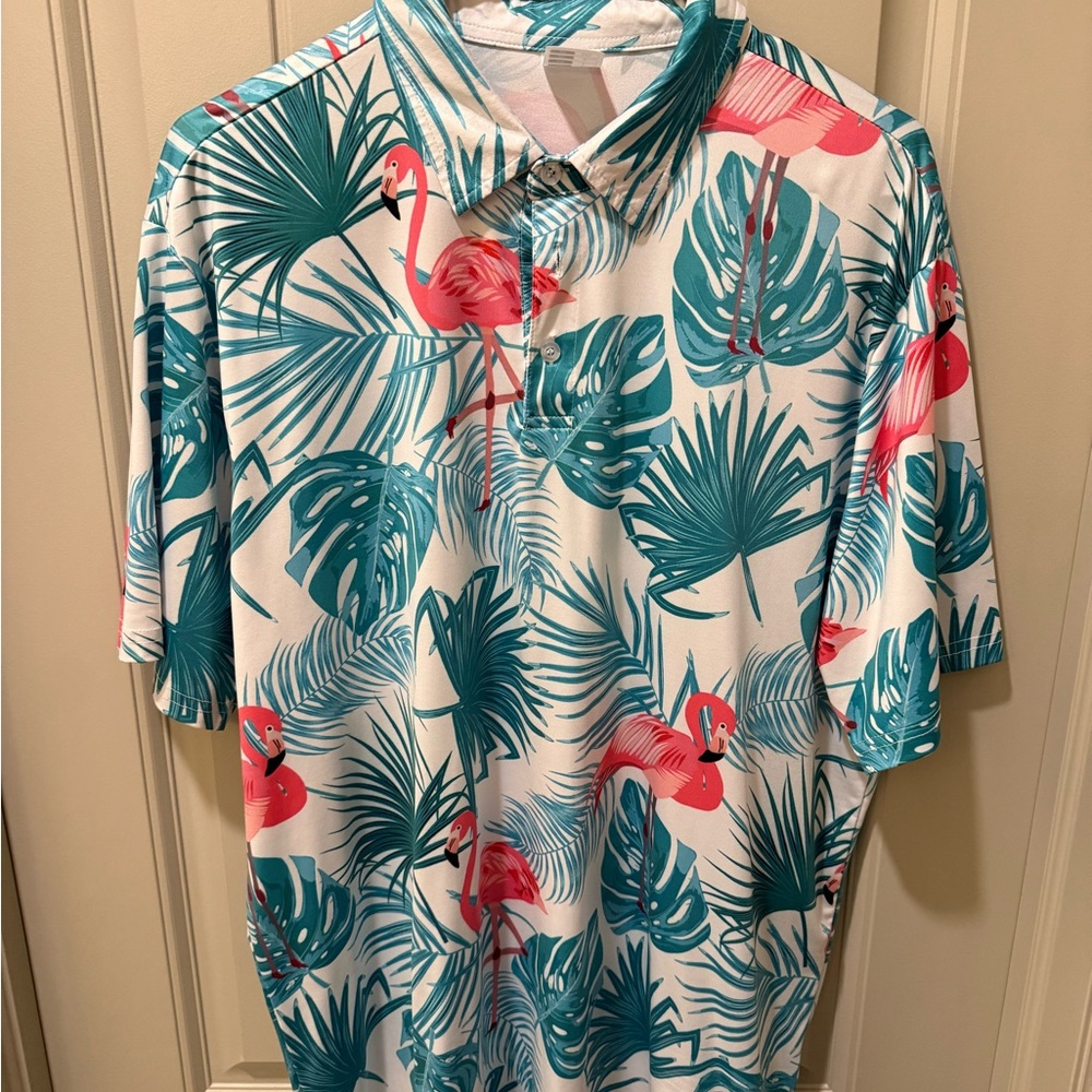 Tropical Flamingo Print Men's Golf Shirt